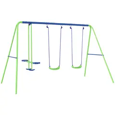 Outsunny Metal Garden Swing Set Height Adjustable Children Outdoor Backyard Play Set for Toddlers Over 3 Years Old, Green - 1