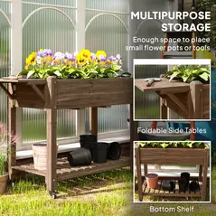 Outsunny 46 x 94cm Wooden Raised Planter, with Shelves - Carbonised - 4