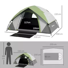 Outsunny Two Man Single Room Dome Tent, with Accessories - Green/Grey - 3