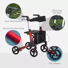 HOMCOM Folding Rollator Walker with 6 Adjustable Handle Height for People with Limited Mobility, Red - 5