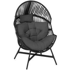 Outsunny Rattan Egg Chair, Oversized Freestanding Garden Egg Chair with Thick Tufted Cushion, Headrest, Steel Frame for Indoor and Outdoor Use, Charcoal Grey - 1