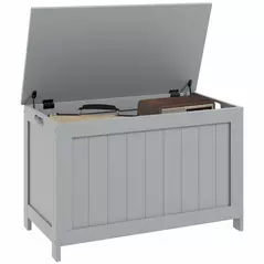 HOMCOM Storage Chest, Modern Storage Trunk with 2 Safety Hinges and Cut-out Handles, Wooden Toy Box for Living Room, Entryway, 76 x 40 x 48 cm, Grey - 1