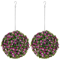 HOMCOM Set of 2 Decorative Artificial Plants, UV-protected Artificial Plant Topiary Rose Balls, Fake Plants for Home Indoor outdoor Decor, 28cm, Purple - 1