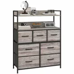 HOMCOM Rustic Chest of Seven Fabric Drawers - Grey Wood Effect - 1