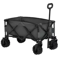 Outsunny Outdoor Pull Along Cart Folding Cargo Wagon Trailer Trolley for Beach Garden with Handle, Anti-Slip Wheel - Dark Grey - 1