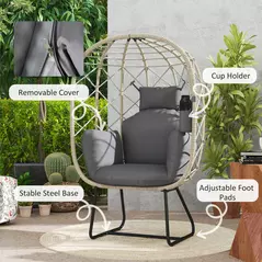Outsunny Rattan Egg Chair Outdoor Indoor Wicker Chair with Thickened Cushion and Headrest, Standing Garden Egg Chair with Cup Holder, Metal Frame for Patio, Balcony, Grey - 7