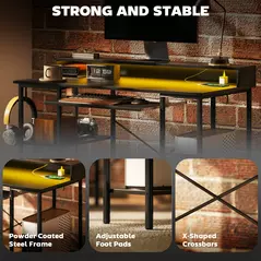 HOMCOM Computer Desk with LED Lights and Power Outlets, 120 x 55 cm Gaming Desk with Monitor Stand, Sliding Keyboard Tray and Storage Shelves for Home Office, Black - 9