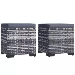 Outsunny Set of 2 Rattan Storage Ottoman, Outdoor Footstool with Removable Cushions, Garden Storage Seat for Balcony, Porch, Living Room, Dark Grey - 1