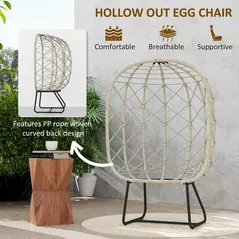 Outsunny Rattan Egg Chair Outdoor Indoor Wicker Chair with Thickened Cushion and Headrest, Standing Garden Egg Chair with Cup Holder, Metal Frame for Patio, Balcony, Grey - 5
