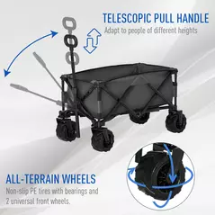 Outsunny Outdoor Pull Along Cart Folding Cargo Wagon Trailer Trolley for Beach Garden with Handle, Anti-Slip Wheel - Dark Grey - 4