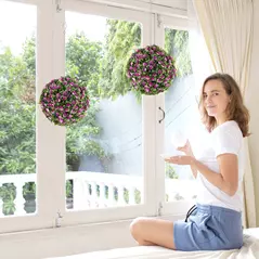 HOMCOM Set of 2 Decorative Artificial Plants, UV-protected Artificial Plant Topiary Rose Balls, Fake Plants for Home Indoor outdoor Decor, 28cm, Purple - 7