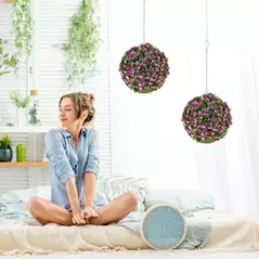 HOMCOM Set of 2 Decorative Artificial Plants, UV-protected Artificial Plant Topiary Rose Balls, Fake Plants for Home Indoor outdoor Decor, 28cm, Purple - 2