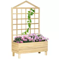 Outsunny Garden Planters with Trellis for Vine Climbing, Distressed Wooden Raised Beds, 90x43x150cm, Natural Tone - 1