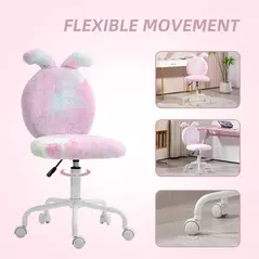 HOMCOM Fuzzy Office Chair with Bunny Ears, Faux Fur Swivel Desk Chair, Armless Makeup Vanity Chair with Adjustable Height for Bedroom, Study Room, Colourful - 6