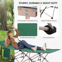 Outsunny Single Person Camping Bed Folding Cot Outdoor Patio Portable Military Sleeping Bed Travel Guest Leisure Fishing with Side Pocket and Carry Bag - Green - 5