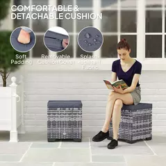 Outsunny Set of 2 Rattan Storage Ottoman, Outdoor Footstool with Removable Cushions, Garden Storage Seat for Balcony, Porch, Living Room, Dark Grey - 5