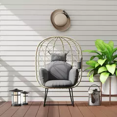 Outsunny Rattan Egg Chair Outdoor Indoor Wicker Chair with Thickened Cushion and Headrest, Standing Garden Egg Chair with Cup Holder, Metal Frame for Patio, Balcony, Grey - 9