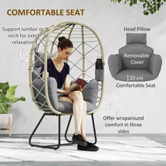 Outsunny Rattan Egg Chair Outdoor Indoor Wicker Chair with Thickened Cushion and Headrest, Standing Garden Egg Chair with Cup Holder, Metal Frame for Patio, Balcony, Grey - 4