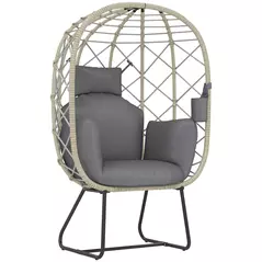 Outsunny Rattan Egg Chair Outdoor Indoor Wicker Chair with Thickened Cushion and Headrest, Standing Garden Egg Chair with Cup Holder, Metal Frame for Patio, Balcony, Grey - 1