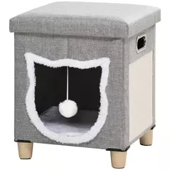 PawHut Cat House Cave, Cat Bed Cube with Scratching Pad, Soft Detachable & Washable Cushion, Toy Ball, for Indoor Kittens, Grey - 1