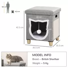 PawHut Cat House Cave, Cat Bed Cube with Scratching Pad, Soft Detachable & Washable Cushion, Toy Ball, for Indoor Kittens, Grey - 3