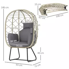 Outsunny Rattan Egg Chair Outdoor Indoor Wicker Chair with Thickened Cushion and Headrest, Standing Garden Egg Chair with Cup Holder, Metal Frame for Patio, Balcony, Grey - 3