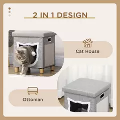 PawHut Cat House Cave, Cat Bed Cube with Scratching Pad, Soft Detachable & Washable Cushion, Toy Ball, for Indoor Kittens, Grey - 4