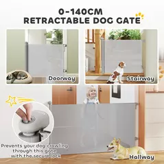 PawHut Retractable Stair Gate Extends Up to 140 cm Wide, Dog Gate for Doorways, Stairways, Hallways, Grey - 4
