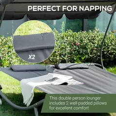 Outsunny Double Sun Lounger with Adjustable Detachable Canopy, Portable Garden Daybed for 2 with Wheels, Outdoor Sunbed Hammock with 2 Pillows, 220 KG Max. Load, Grey - 5