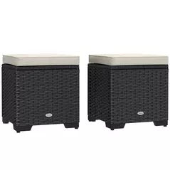 Outsunny Set of 2 Rattan Storage Ottoman, Outdoor Footstool with Removable Cushions, Garden Storage Seat for Balcony, Porch, Living Room, Cream - 1