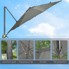 Outsunny 3 x 3(m) Cantilever Parasol with Cross Base, Garden Umbrella with 360° Rotation, Crank Handle and Tilt for Outdoor, Patio, Grey - 7