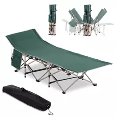 Outsunny Single Person Camping Bed Folding Cot Outdoor Patio Portable Military Sleeping Bed Travel Guest Leisure Fishing with Side Pocket and Carry Bag - Green - 1