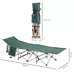 Outsunny Single Person Camping Bed Folding Cot Outdoor Patio Portable Military Sleeping Bed Travel Guest Leisure Fishing with Side Pocket and Carry Bag - Green - 3