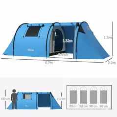 Outsunny Four Man Duo Room Tunnel Tent, with Accessories - Sky Blue - 3