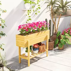 Outsunny Wooden Raised Garden Bed, Elevated Planter Box with Bed Liner, Drainage Holes and Storage Shelf, Raised Planter for Vegetables, Flowers, Herbs, 100 x 30 x 71 cm, Natural Wood Finish - 8