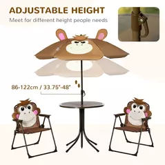 Outsunny Kids Bistro Table and Chair Set, Outdoor Folding Garden Furniture w/Monkey Design, Removable, Adjustable Sun Umbrella, Ages 3-6 Years - Brown - 5
