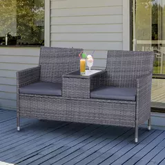 Outsunny 2-Seater PE Rattan Outdoor Garden Bench w/ Centre Table Grey - 2