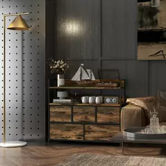 HOMCOM Rustic Chest of Five Fabric Drawers - Rustic Brown - 9