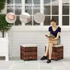 Outsunny Set of 2 Rattan Storage Ottoman, Outdoor Footstool with Removable Cushions, Garden Storage Seat for Balcony, Porch, Living Room, Beige - 5