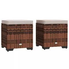 Outsunny Set of 2 Rattan Storage Ottoman, Outdoor Footstool with Removable Cushions, Garden Storage Seat for Balcony, Porch, Living Room, Beige - 1