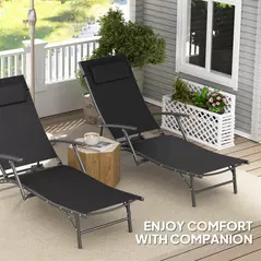 Outsunny Set of Two Adjustable Back Sun Loungers - Black - 6