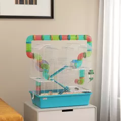 PawHut 4 Tier Hamster Cage w/ Tubes, Exercise Wheel, Hut, Water Bottle, Food Dish, Ramps, for Dwarf Hamster, Light Blue - 2