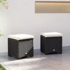 Outsunny Set of 2 Rattan Storage Ottoman, Outdoor Footstool with Removable Cushions, Garden Storage Seat for Balcony, Porch, Living Room, Cream - 9