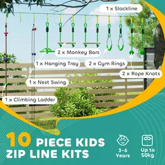 AIYAPLAY Obstacle course for Kids, with 10-Piece Slackline Kit with Monkey Bars, Gym Rings, Rope Ladder, Nest Swing, Hanging Tray - 4