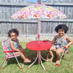 Outsunny Kids Outdoor Bistro Table and Chair Set Butterfly Pattern Garden Patio Backyard with Removable & Height Adjustable Parasol - 2
