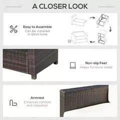 Outsunny Rattan Sofa, 2 Seater Garden Furniture with Soft Padded Cushion and Armrests, Wicker Garden Loveseat for Patio, Mixed Brown - 6