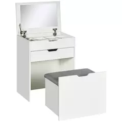 HOMCOM Dressing Table with Flip-up Mirror and Storage Stool, Vanity Table with Drawer and Hidden Compartments for Bedroom, Living Room, White - 1