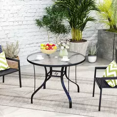 Outsunny Tempered Glass Top Round Outdoor Dining Table with Parasol Hole, 96.5 x 96.5 x 71 cm - 2