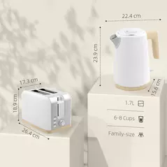 HOMCOM Stainless Steel Kettle and Toaster Set, 1.7L 3000W Fast Boil Kettle & 2 Slice Toaster Kitchen Set with 7 Level Browning Controls, Defrost, Reheat, Auto Off, Boil-dry Protection, White - 3