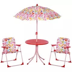 Outsunny Kids Outdoor Bistro Table and Chair Set Butterfly Pattern Garden Patio Backyard with Removable & Height Adjustable Parasol - 1